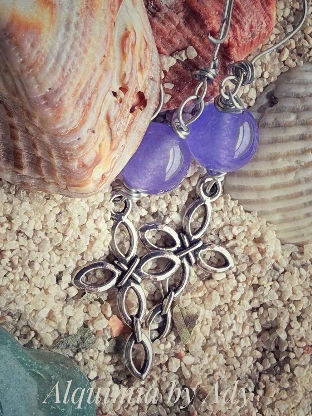 Lavender jade Bead Cross Drop Earrings + x-long
